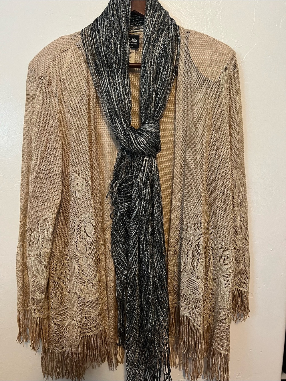 Onyx Nite Gold Shimmer Cardigan/Wrap with lace and fringe with bonus shawl Boho